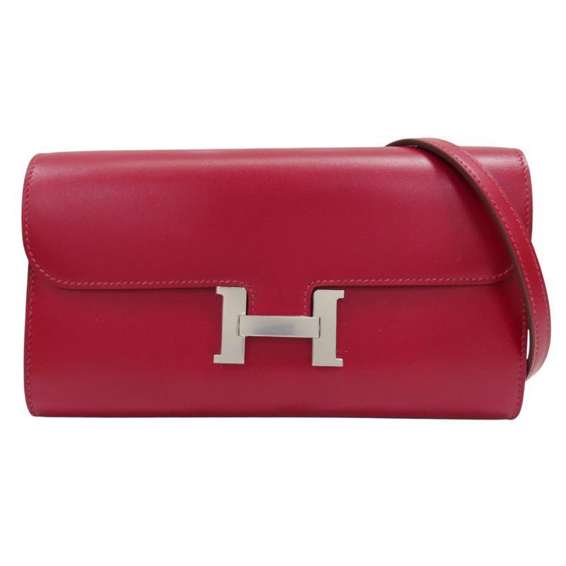 寶石紅 Veau Tadelakt牛皮 Constance To Go Wallet 肩背包 W釦 銀扣【HERMES 愛馬仕】 H082642CK-0