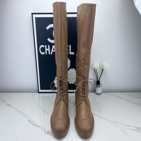 chanel香奈兒 23K奶茶色綁帶長靴 38.5碼 98新