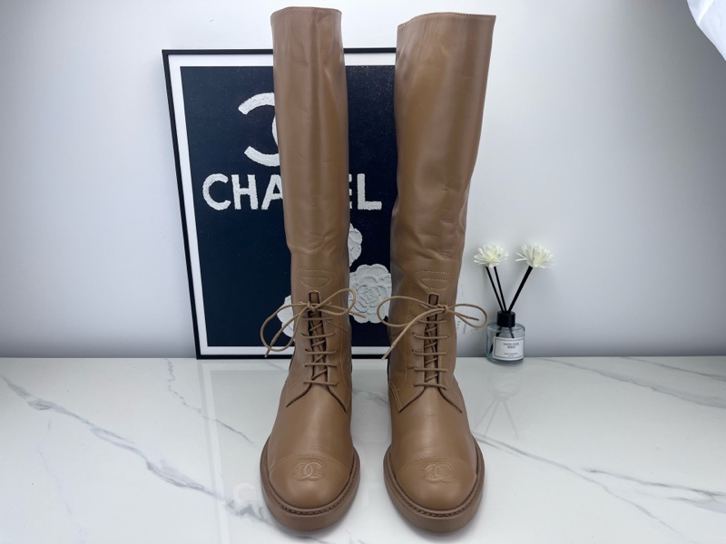 chanel香奈兒 23K奶茶色綁帶長靴 38.5碼 98新-0