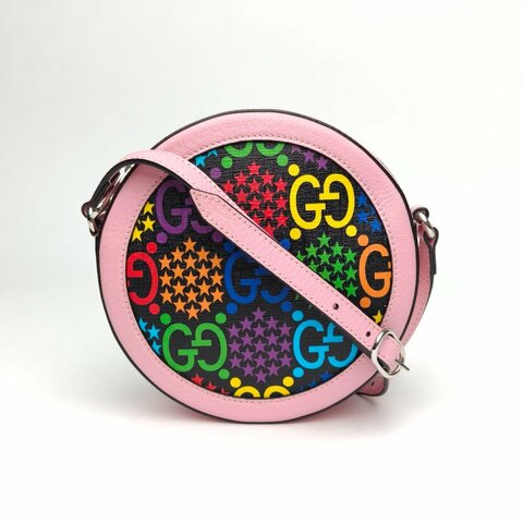 GUCCI 拼色牛皮PVC銀扣Ophidia圓餅包斜挎包18跳跳糖/肩背包