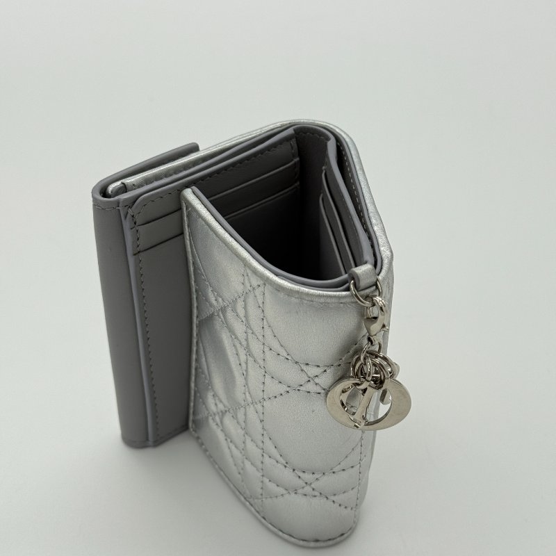 DIOR 炫彩 銀色 皮革 短夾-4