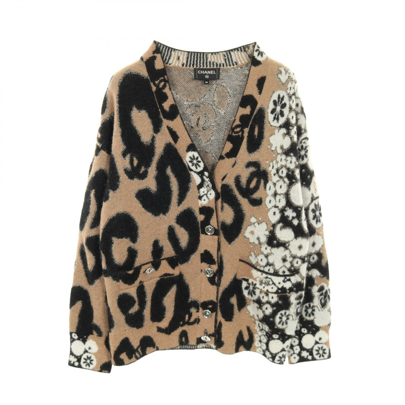 香奈兒 COCO 標誌開襟毛衣 #34 P75362K10782 羊絨 Moheya 棕色 二手 CC-0