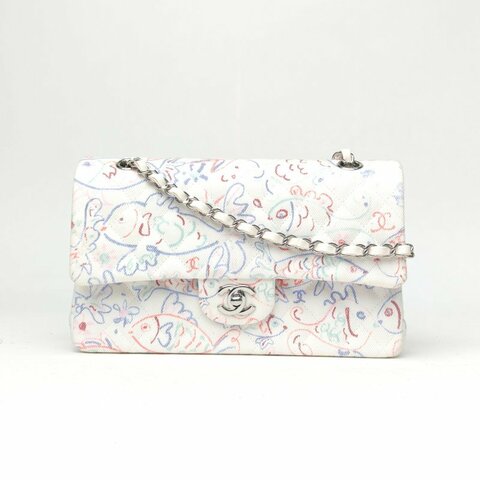 CHANEL CF口蓋包中號25.5白色帆布晶片開銀扣25C早春海洋系列小魚塗鴉肩背包