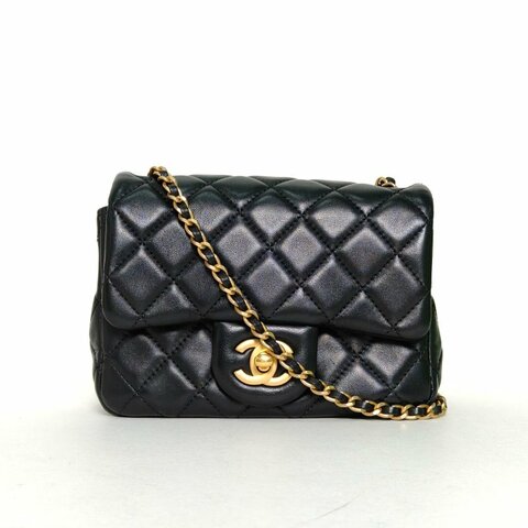 CHANEL CF口蓋包方胖子17黑色羊皮晶片開金扣金球調節扣肩帶肩背包