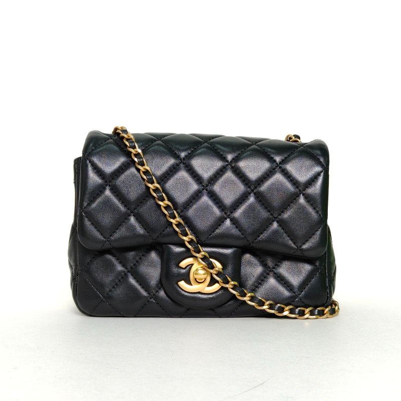 CHANEL CF口蓋包方胖子17黑色羊皮晶片開金扣金球調節扣肩帶肩背包-0