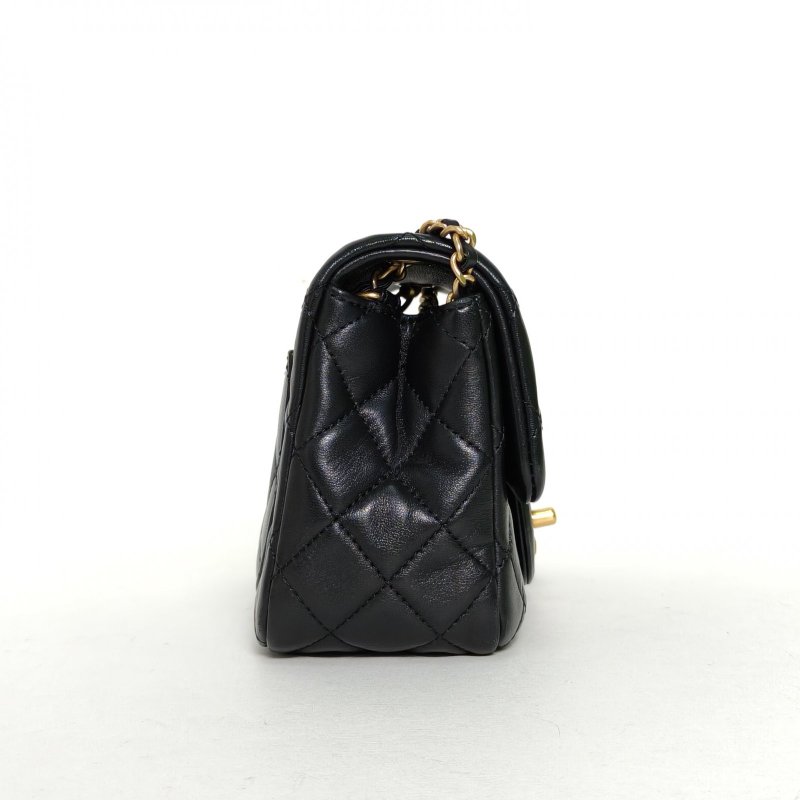 CHANEL CF口蓋包方胖子17黑色羊皮晶片開金扣金球調節扣肩帶肩背包-1