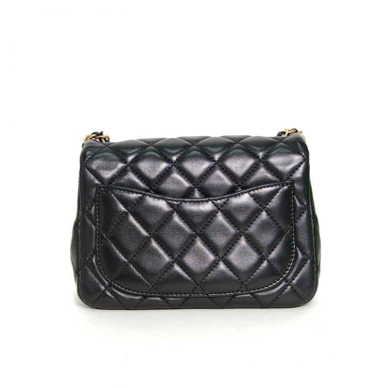 CHANEL CF口蓋包方胖子17黑色羊皮晶片開金扣金球調節扣肩帶肩背包-2