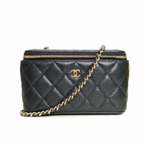 CHANEL 22S長盒子化妝包帶鏡子17黑色荔枝牛皮鐳射標淺金扣單皮穿鏈肩帶肩背包