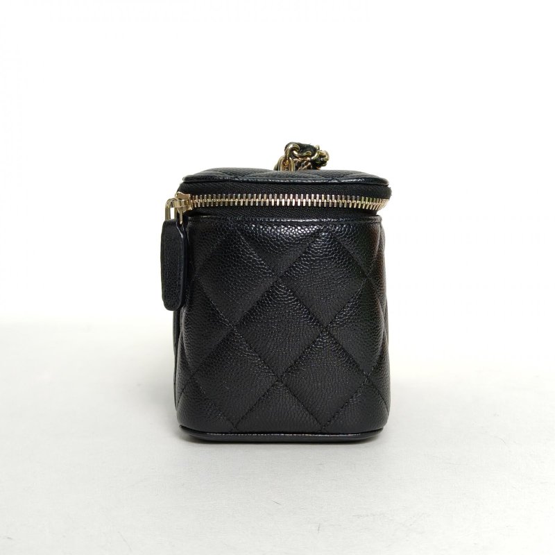 CHANEL 22S長盒子化妝包帶鏡子17黑色荔枝牛皮鐳射標淺金扣單皮穿鏈肩帶肩背包-1
