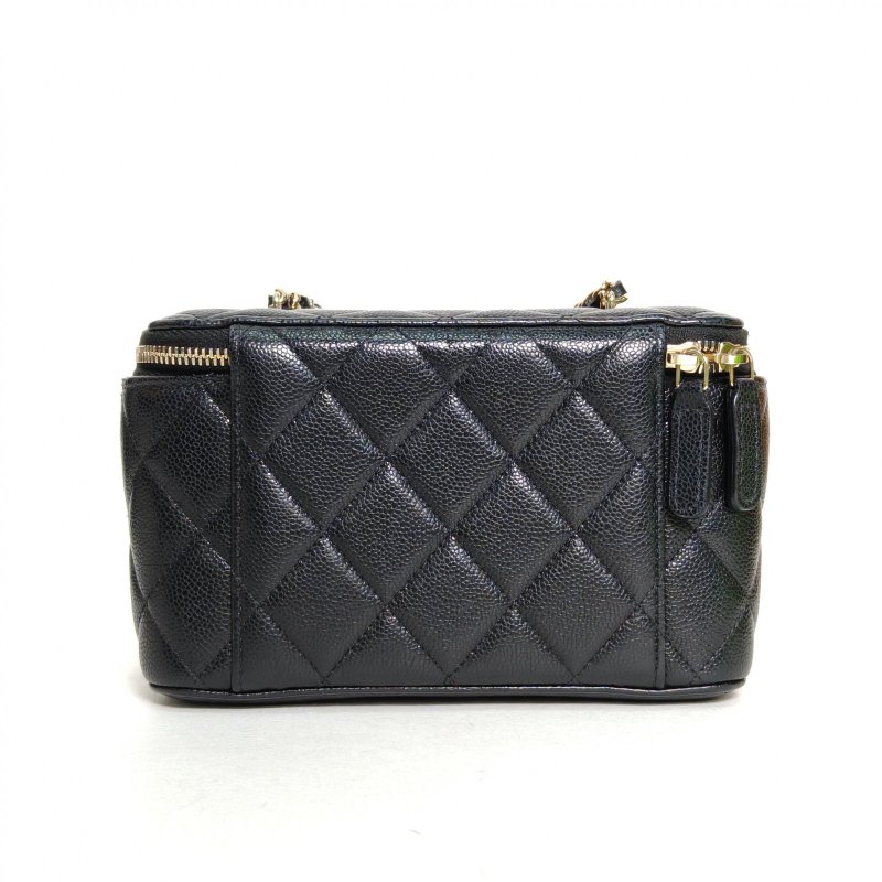 CHANEL 22S長盒子化妝包帶鏡子17黑色荔枝牛皮鐳射標淺金扣單皮穿鏈肩帶肩背包-2