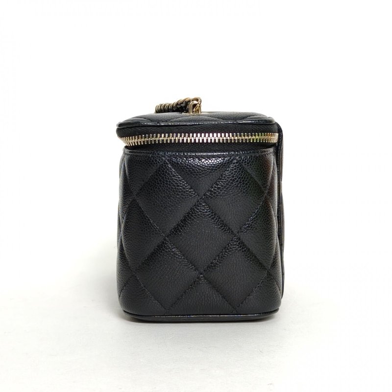 CHANEL 22S長盒子化妝包帶鏡子17黑色荔枝牛皮鐳射標淺金扣單皮穿鏈肩帶肩背包-3
