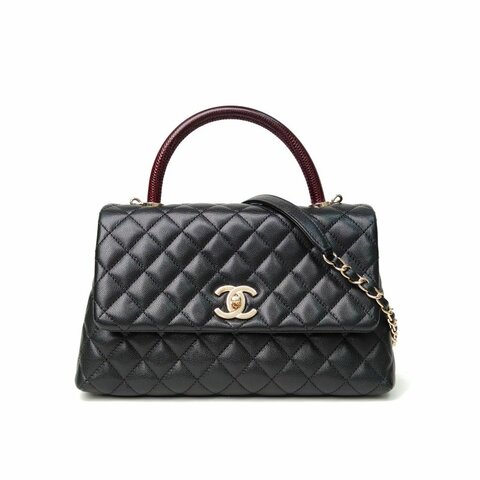 CHANEL CocoHandle中號29黑色荔枝牛皮30開金扣肩背包