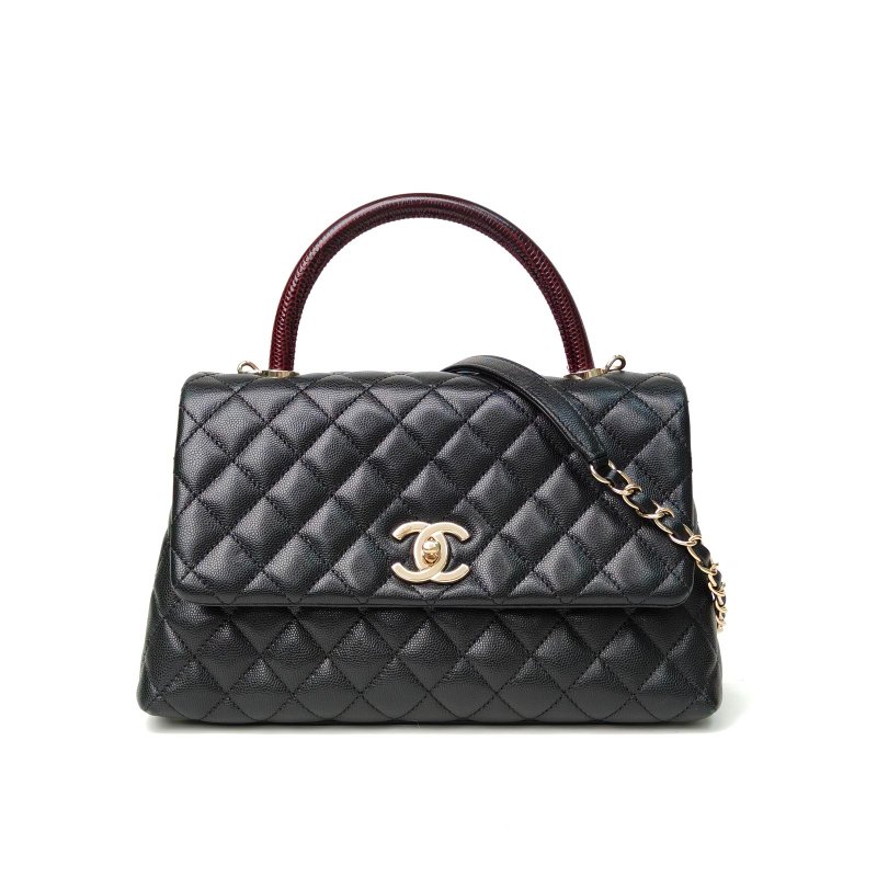 CHANEL CocoHandle中號29黑色荔枝牛皮30開金扣肩背包-0