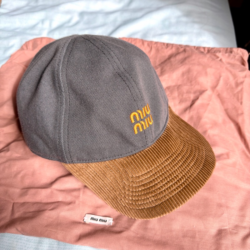 全新正品 Miu miu 雙色燈芯絨 x 棉質棒球帽 S號灰色-0