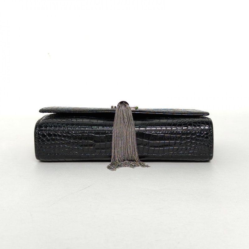 SAINT LAURENT KATE小號鱷魚壓紋流蘇黑色牛皮銀扣肩背包-4