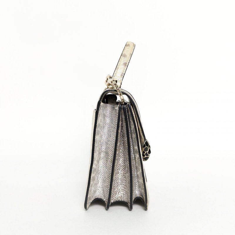 BVLGARI SerpentiForever風琴蛇頭包小號手柄18銀色蛇皮肩背包-1