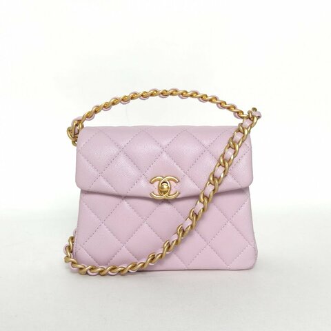 CHANEL 紫色荔枝牛皮晶片開金扣24S31ruecambon皮穿鏈手柄斜挎包肩背包