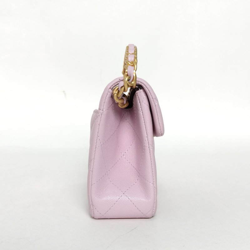 CHANEL 紫色荔枝牛皮晶片開金扣24S31ruecambon皮穿鏈手柄斜挎包肩背包-1
