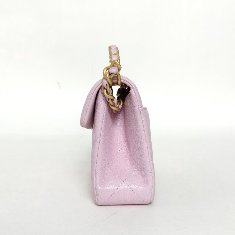 CHANEL 紫色荔枝牛皮晶片開金扣24S31ruecambon皮穿鏈手柄斜挎包肩背包-3