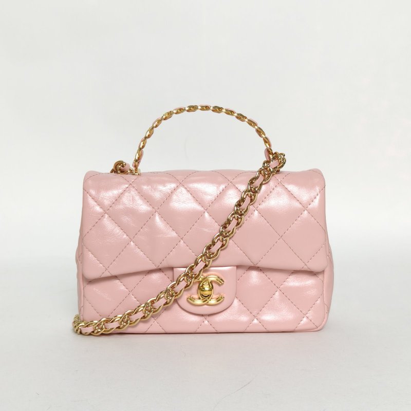 CHANEL 23SCF口蓋包大Mini20粉色羊皮晶片開金扣雙圈皮穿鏈手柄肩背包-0