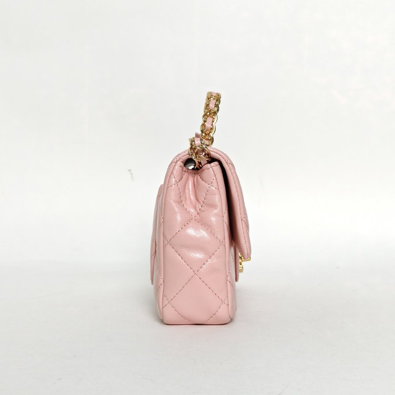 CHANEL 23SCF口蓋包大Mini20粉色羊皮晶片開金扣雙圈皮穿鏈手柄肩背包-1