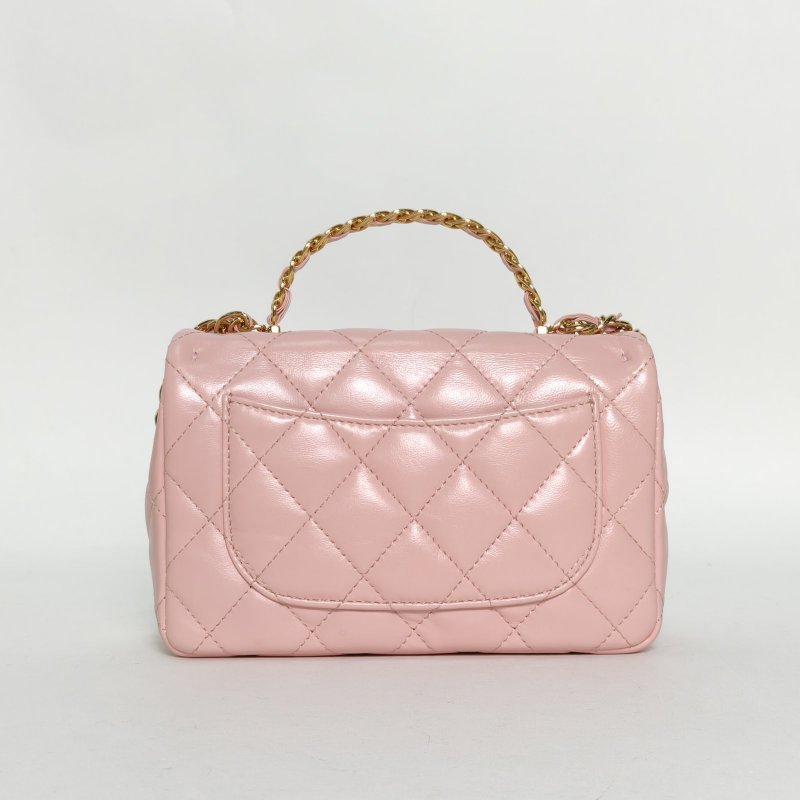 CHANEL 23SCF口蓋包大Mini20粉色羊皮晶片開金扣雙圈皮穿鏈手柄肩背包-2