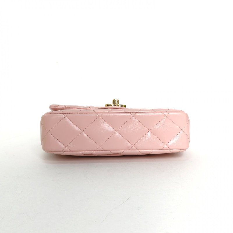 CHANEL 23SCF口蓋包大Mini20粉色羊皮晶片開金扣雙圈皮穿鏈手柄肩背包-4