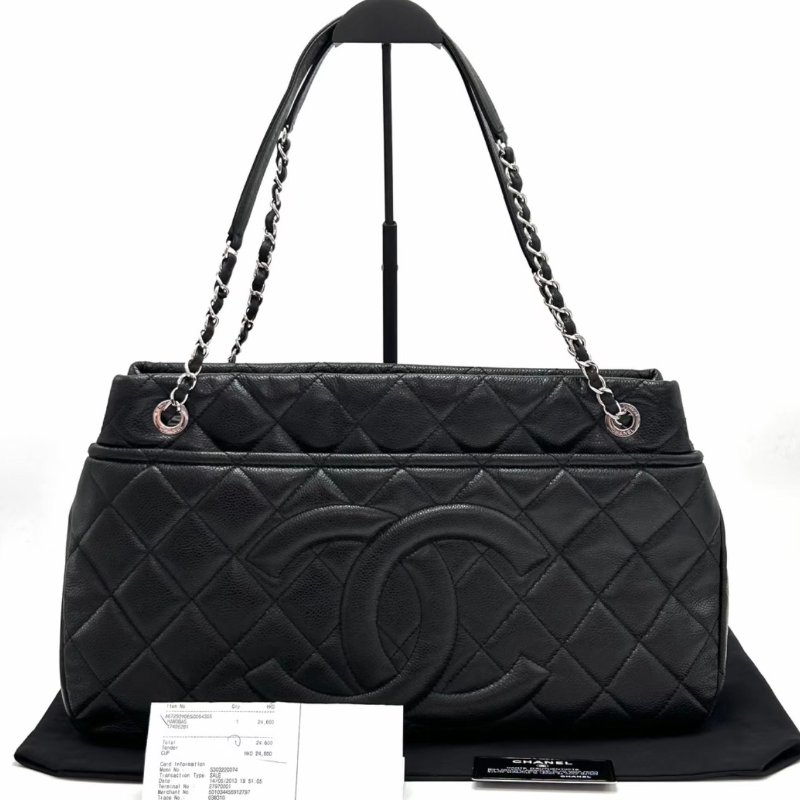 CHANEL黑色銀扣手提托特包42*25*8 98新配件塵袋購證保卡-1