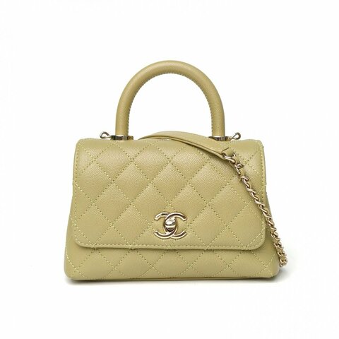 CHANEL CocoHandleMini19綠色荔枝牛皮晶片開金扣肩背包