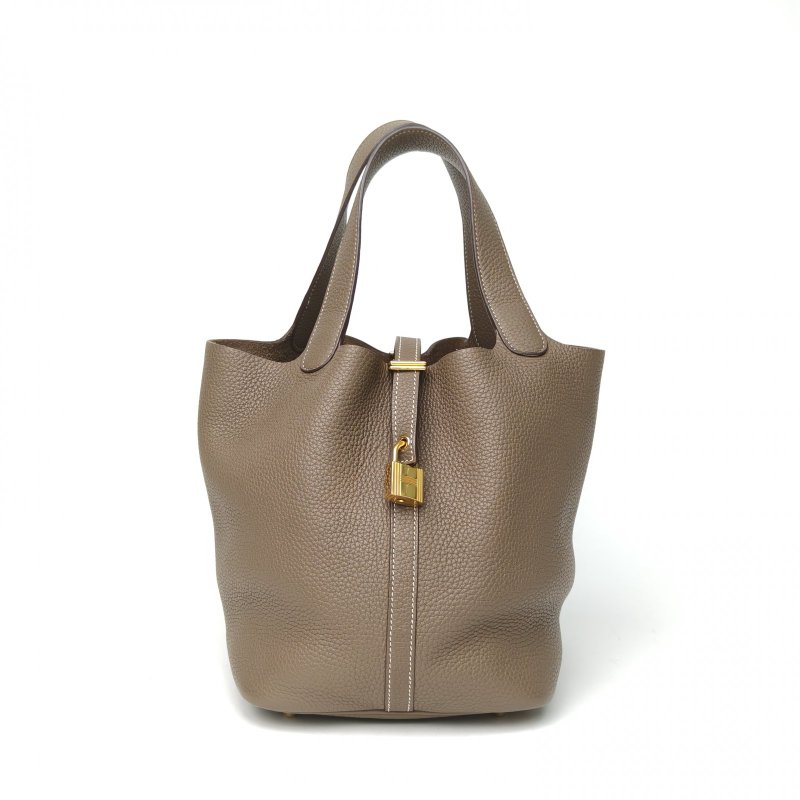 HERMES Picotin22菜籃子18大象灰TC皮D刻金扣肩背包-0