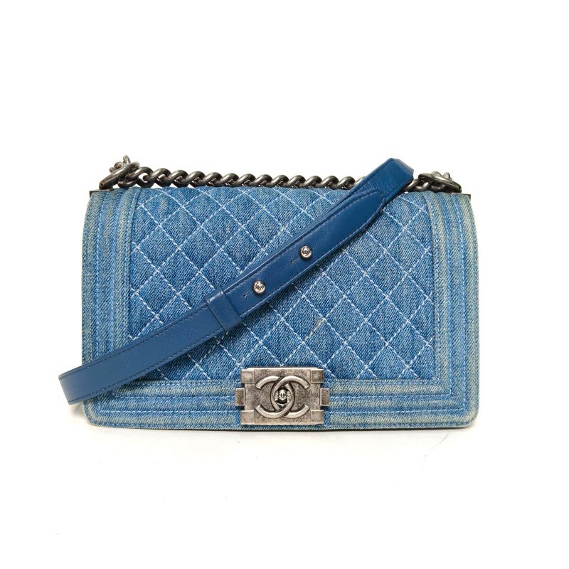 CHANEL Leboy中號25牛仔藍牛仔17開銀扣肩背包-0