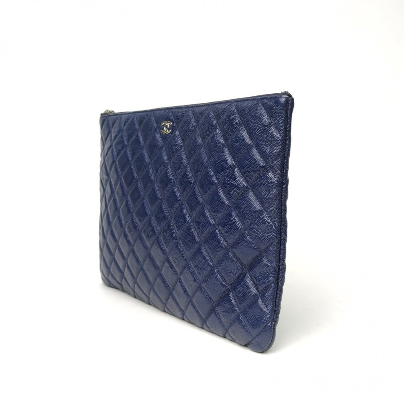 CHANEL CF手拿包大號35藍色荔枝牛皮24開銀扣肩背包-1