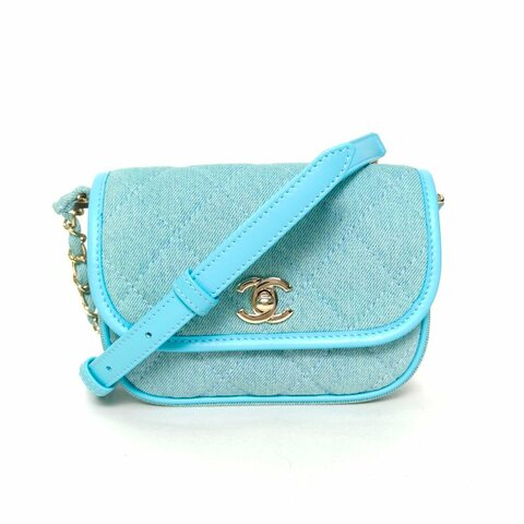 CHANEL 藍色牛仔31開淺金扣馬鞍包丹寧肩背包