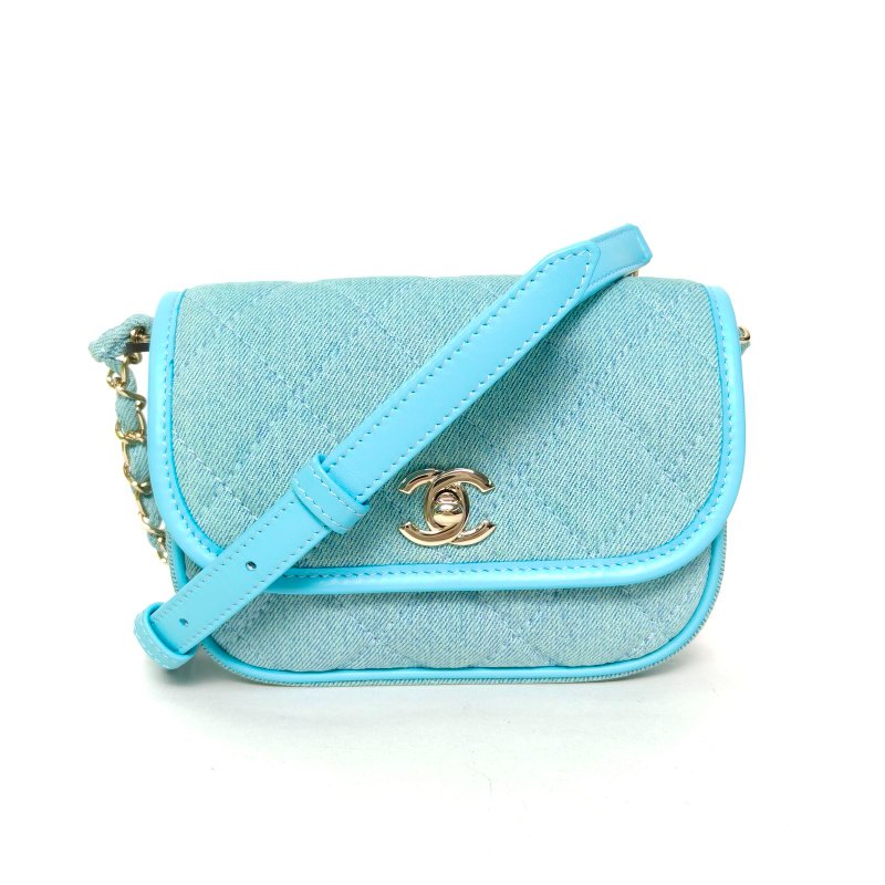 CHANEL 藍色牛仔31開淺金扣馬鞍包丹寧肩背包-0