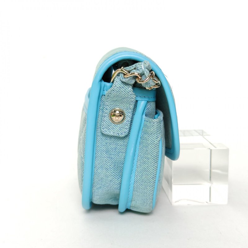 CHANEL 藍色牛仔31開淺金扣馬鞍包丹寧肩背包-3