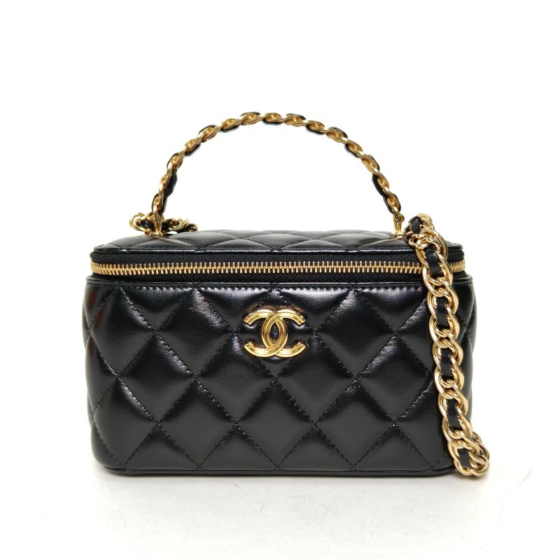 CHANEL 23S手柄長盒子化妝包帶鏡子16.5黑色羊皮鐳射標金扣雙圈皮穿鏈手柄肩背包-0