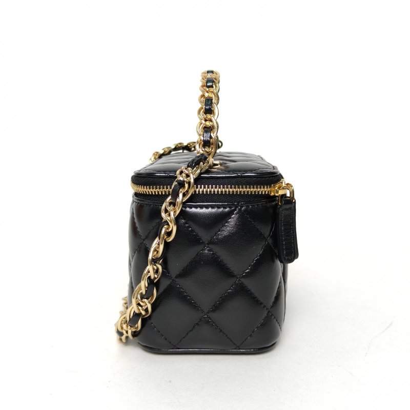 CHANEL 23S手柄長盒子化妝包帶鏡子16.5黑色羊皮鐳射標金扣雙圈皮穿鏈手柄肩背包-2