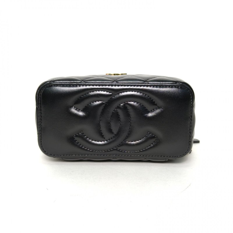 CHANEL 23S手柄長盒子化妝包帶鏡子16.5黑色羊皮鐳射標金扣雙圈皮穿鏈手柄肩背包-3