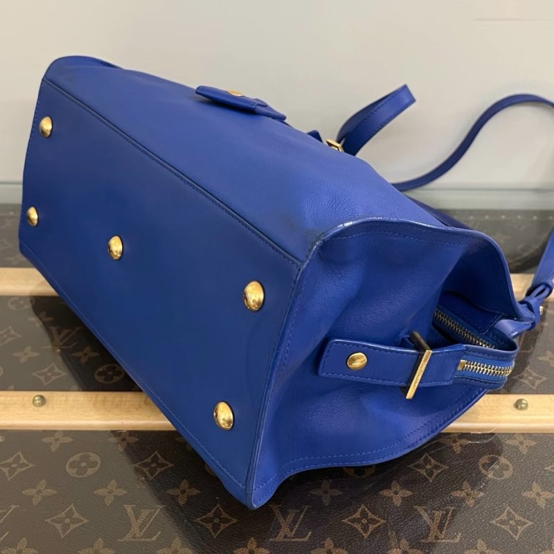 YSL Cabas藍色皮革Y字金標手提斜背包30*20*15 98新配件塵袋-2
