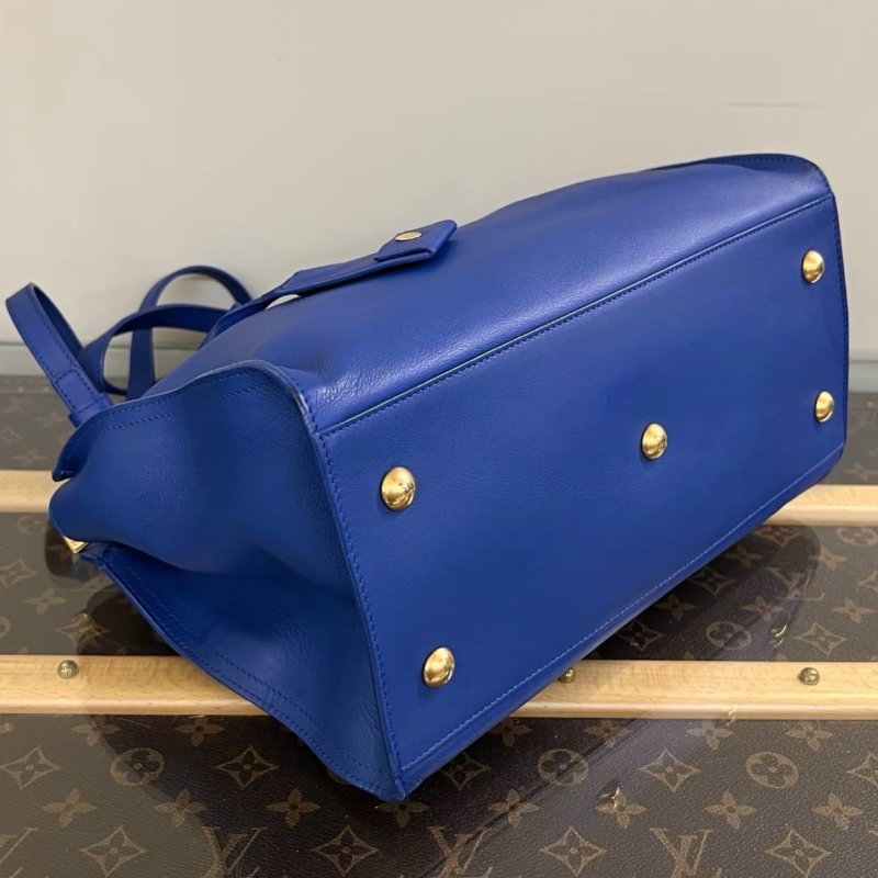 YSL Cabas藍色皮革Y字金標手提斜背包30*20*15 98新配件塵袋-3