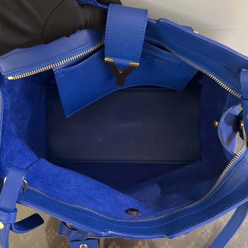 YSL Cabas藍色皮革Y字金標手提斜背包30*20*15 98新配件塵袋-6