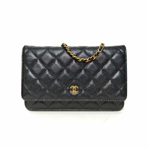 CHANEL CFWOC19黑色荔枝牛皮晶片開金扣肩背包