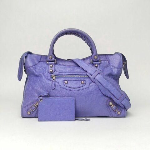 BALENCIAGA CLASSICCITY機車包中號38紫色羊皮銀扣肩背包