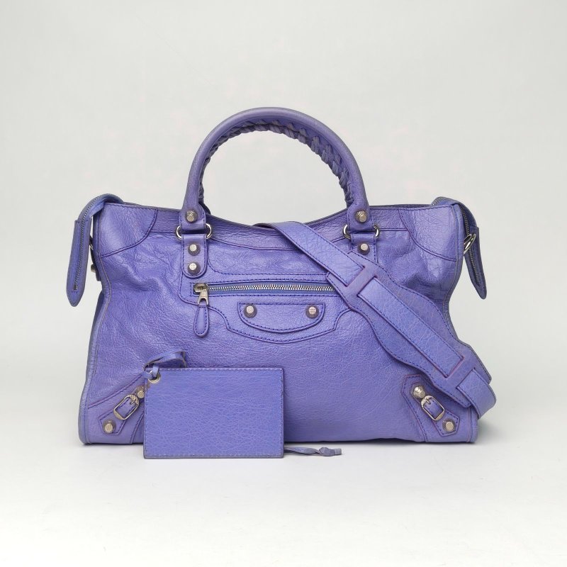 BALENCIAGA CLASSICCITY機車包中號38紫色羊皮銀扣肩背包-0