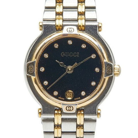 Gucci 11鑽孔腕錶 9000L石英機芯 黑色錶盤 不鏽鋼鍍層 女士 GUCCI