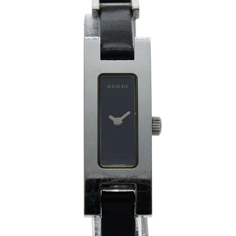 Gucci 3900L 石英腕錶，黑色錶盤，不鏽鋼錶殼，皮革錶帶，女士款