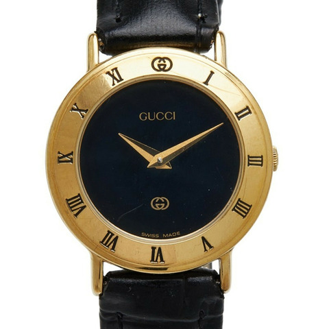 Gucci 女士腕錶，3000L 石英機芯，黑色錶盤，不鏽鋼錶殼和皮革錶帶（非原廠）。