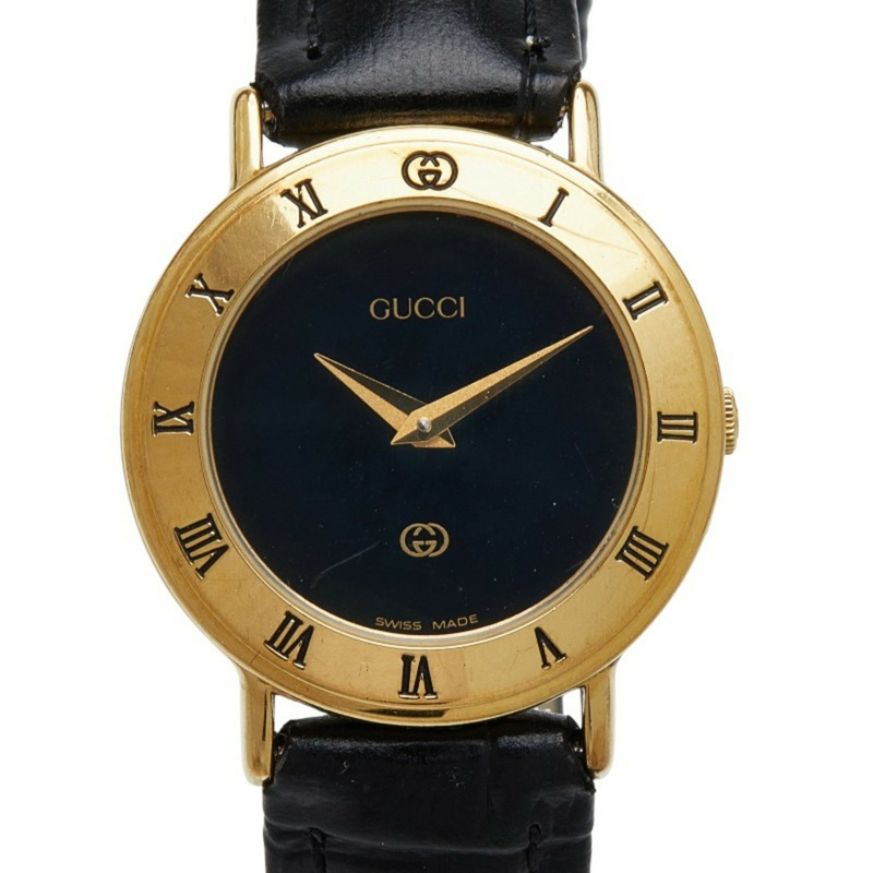 Gucci 女士腕錶，3000L 石英機芯，黑色錶盤，不鏽鋼錶殼和皮革錶帶（非原廠）。-0