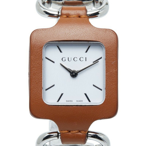 Gucci 女士腕錶，130.5毫米石英機芯，白色錶盤，不鏽鋼錶殼，皮革錶帶