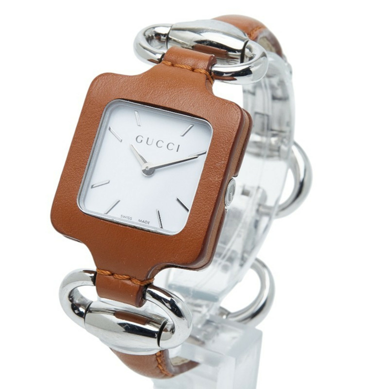 Gucci 女士腕錶,130.5毫米石英機芯,白色錶盤,不鏽鋼錶殼,皮革錶帶-1